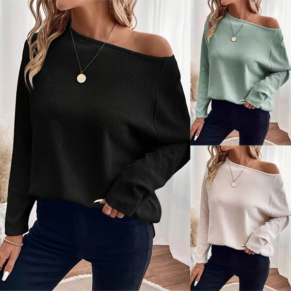 Pull femme maille gaufrée à épaule dénudée manches longues