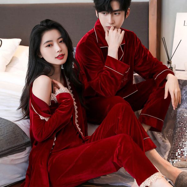 Pyjama en velours doré pour homme et femme, ensemble chaud et confortable