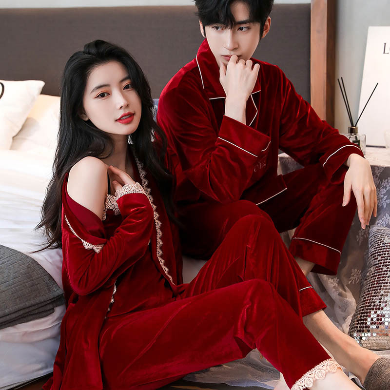 Pyjama en velours doré pour homme et femme, ensemble chaud et confortable