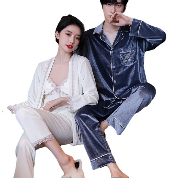 Pyjama en velours doré pour homme et femme, ensemble chaud et confortable