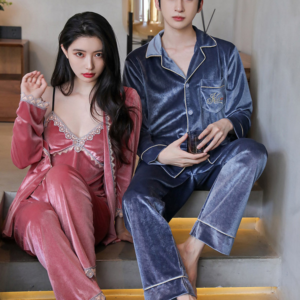 Pyjama en velours doré pour homme et femme, ensemble chaud et confortable