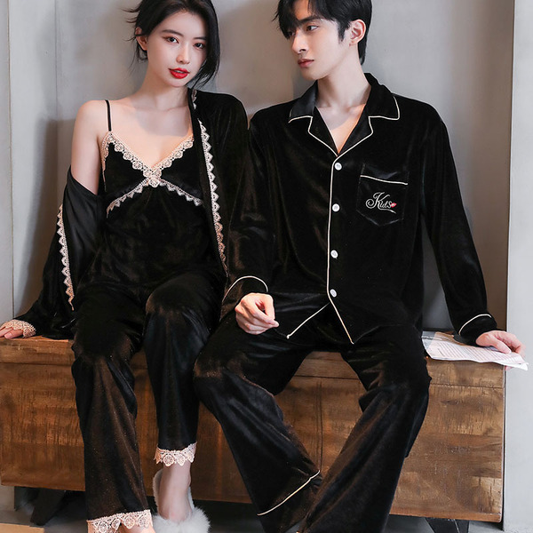 Pyjama en velours doré pour homme et femme, ensemble chaud et confortable