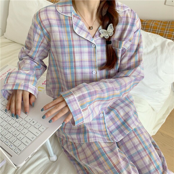 Pyjama femme manches longues 2 pièces en polyester, coupe cardigan style coréen