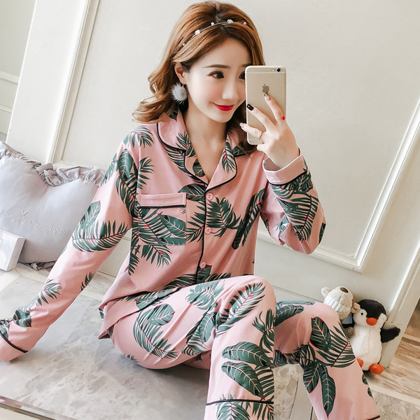 Pyjama femme manches longues 2 pièces en polyester, coupe cardigan style coréen