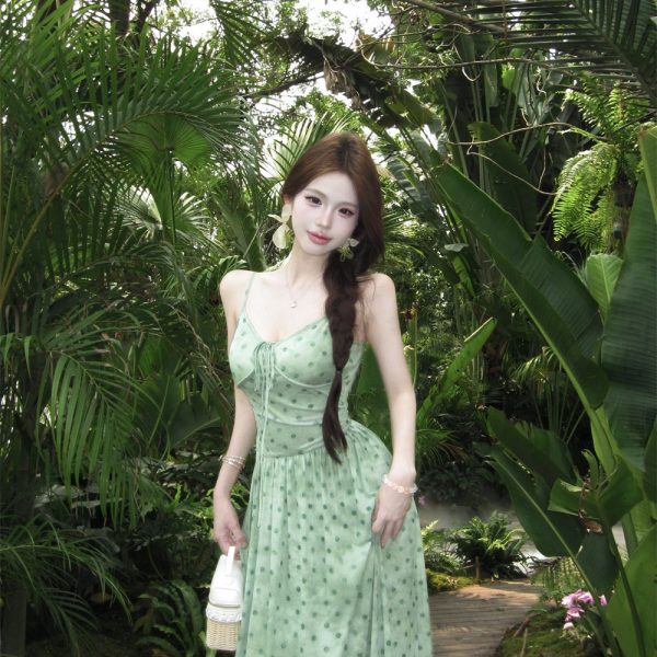 Robe d'été à pois sans manches, encolure U, jupe longue évasée