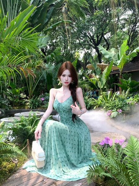 Robe d'été à pois sans manches, encolure U, jupe longue évasée