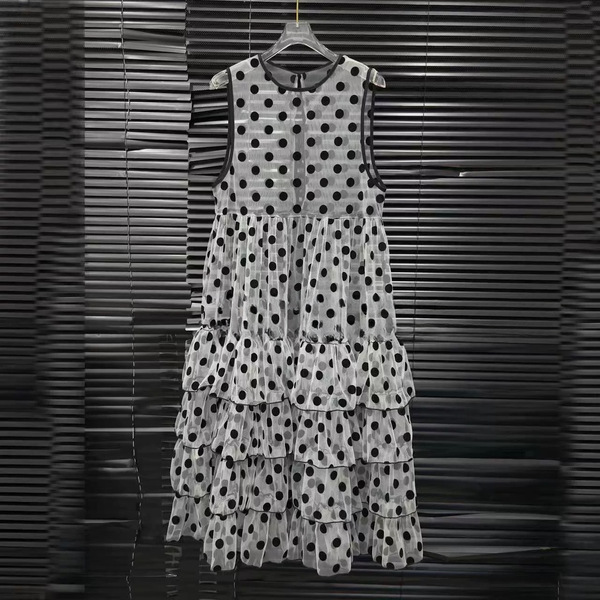 Robe tulle pois d'été femme, col rond, sans manches, longue