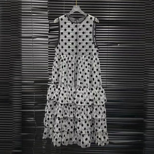 Robe tulle pois d'été femme, col rond, sans manches, longue
