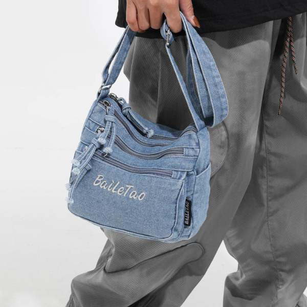 Sac à bandoulière en denim avec poches multiples pour téléphone et cartes