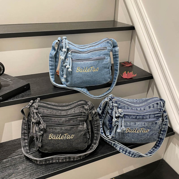 Sac à bandoulière en denim avec poches multiples pour téléphone et cartes