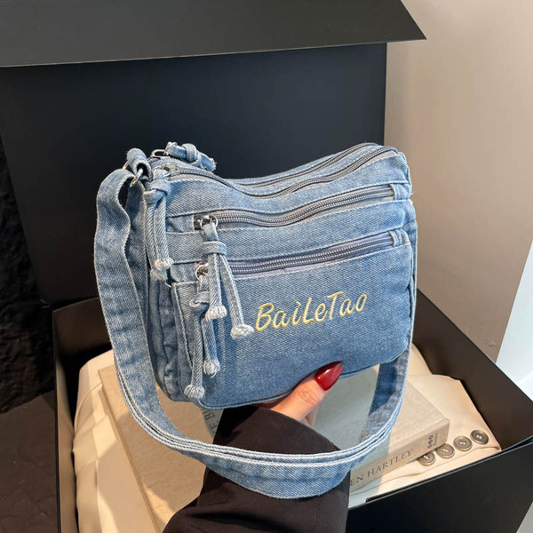 Sac à bandoulière en denim avec poches multiples pour téléphone et cartes