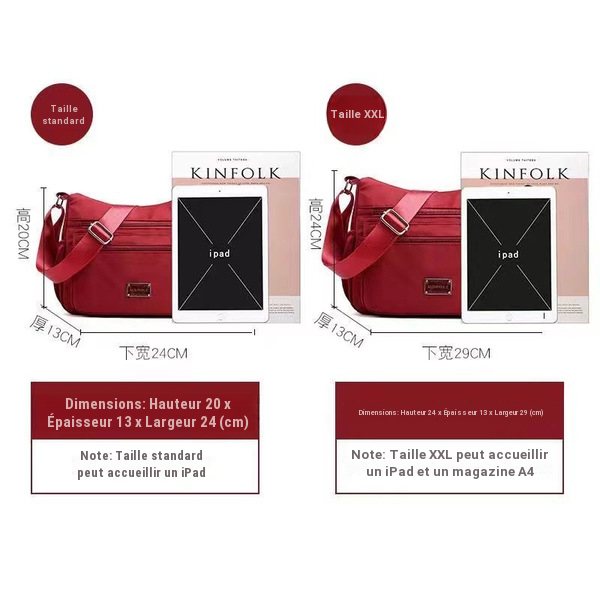 Sac à bandoulière femme spacieux en nylon, multi-poches
