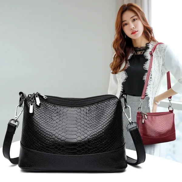 Sac à main crocodile souple, bandoulière et épaule, multi-poches