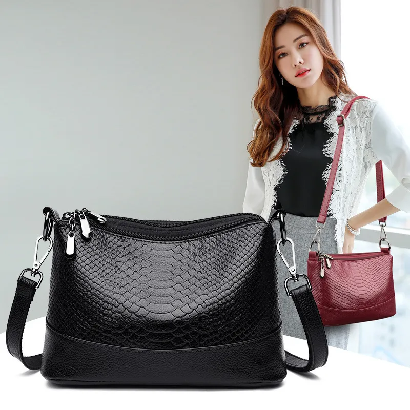 Sac à main crocodile souple, bandoulière et épaule, multi-poches