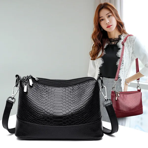 Sac à main crocodile souple, bandoulière et épaule, multi-poches