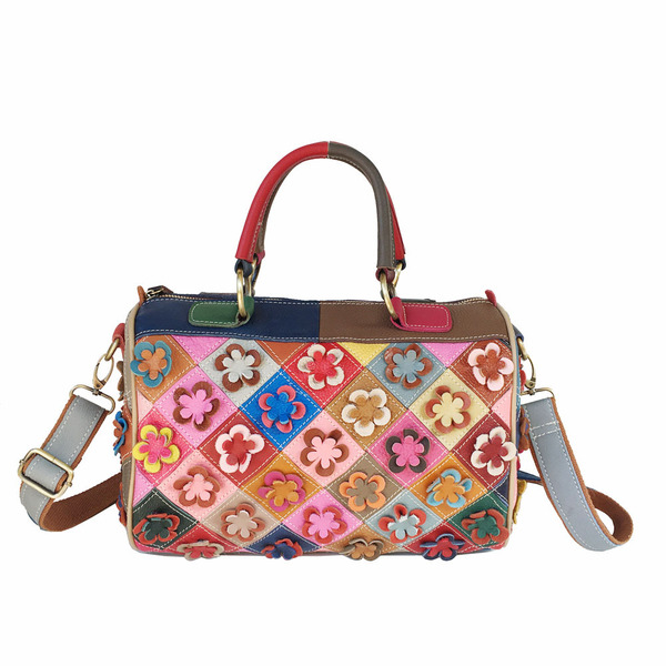 Sac à main cuir femme motif losange et fleurs, cuir véritable