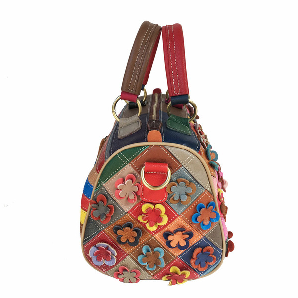 Sac à main cuir femme motif losange et fleurs, cuir véritable