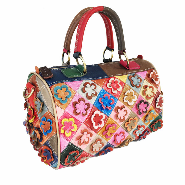 Sac à main cuir femme motif losange et fleurs, cuir véritable