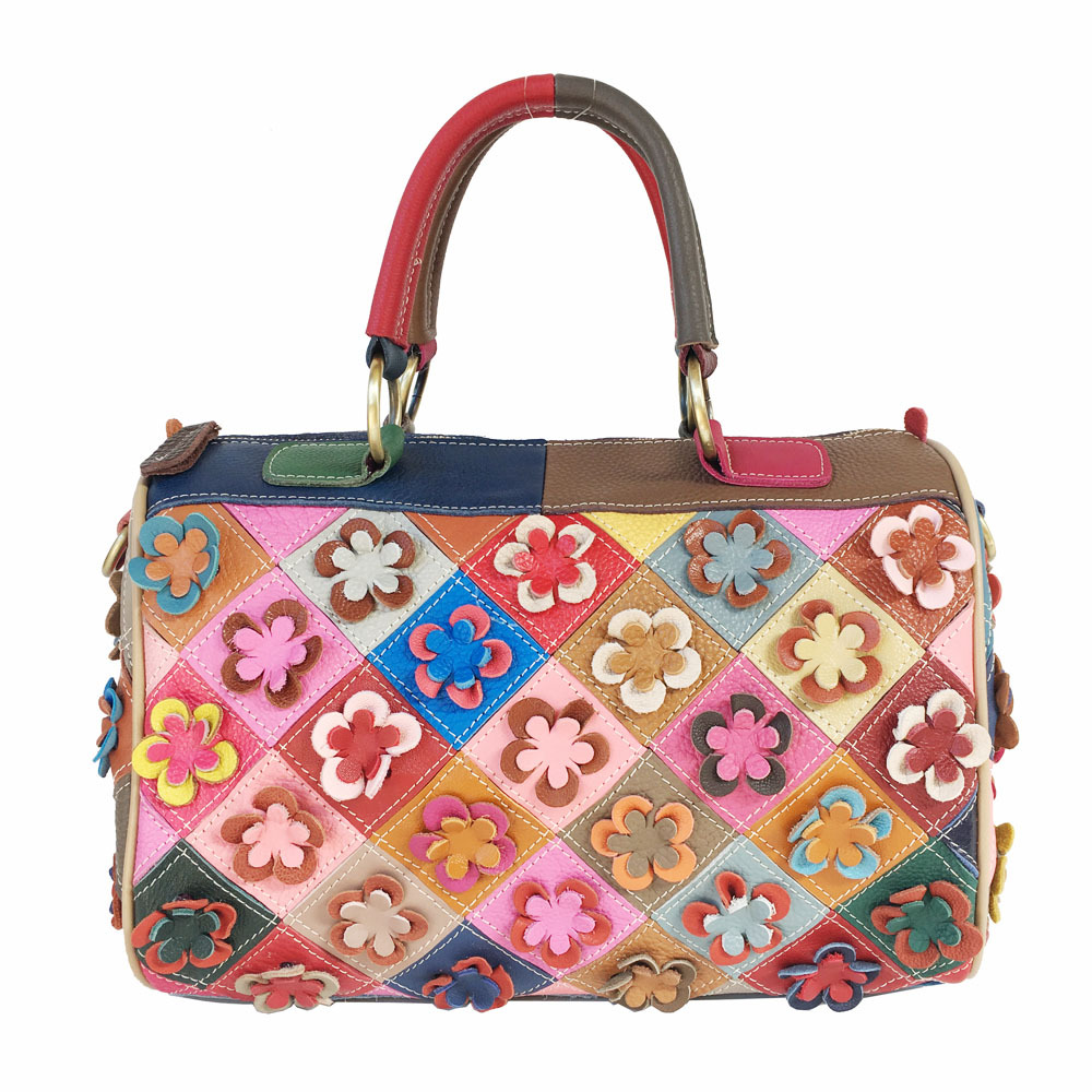 Sac à main cuir femme motif losange et fleurs, cuir véritable