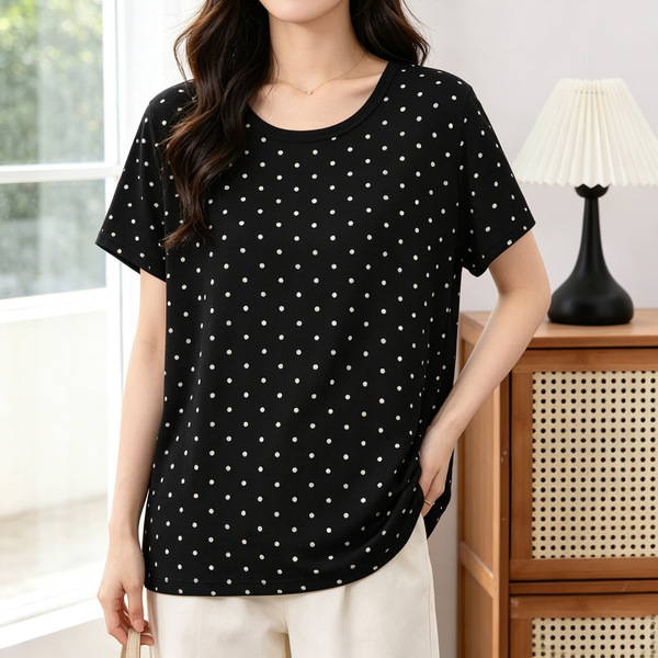 T-shirt femme à pois manches courtes col rond grande taille