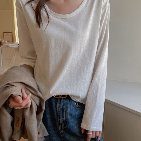 T-shirt femme manches longues col rond uni coupe ample en coton