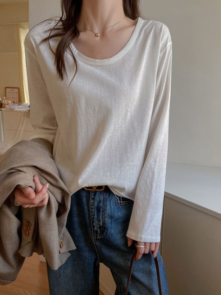 T-shirt femme manches longues col rond uni coupe ample en coton