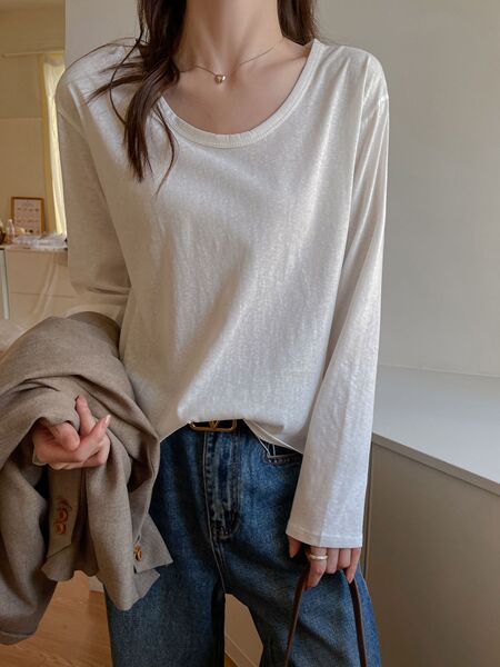 T-shirt femme manches longues col rond uni coupe ample en coton