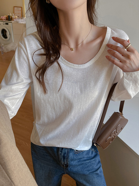 T-shirt femme manches longues col rond uni coupe ample en coton
