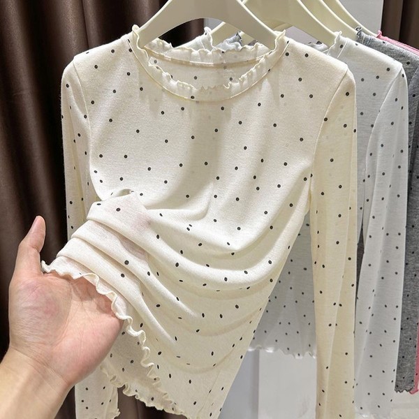 T-shirt femme manches longues en Tencel à pois, col rond, coupe slim