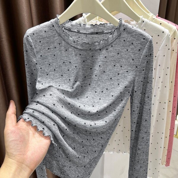 T-shirt femme manches longues en Tencel à pois, col rond, coupe slim