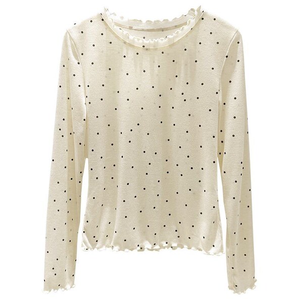 T-shirt femme manches longues en Tencel à pois, col rond, coupe slim