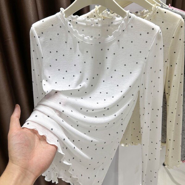 T-shirt femme manches longues en Tencel à pois, col rond, coupe slim