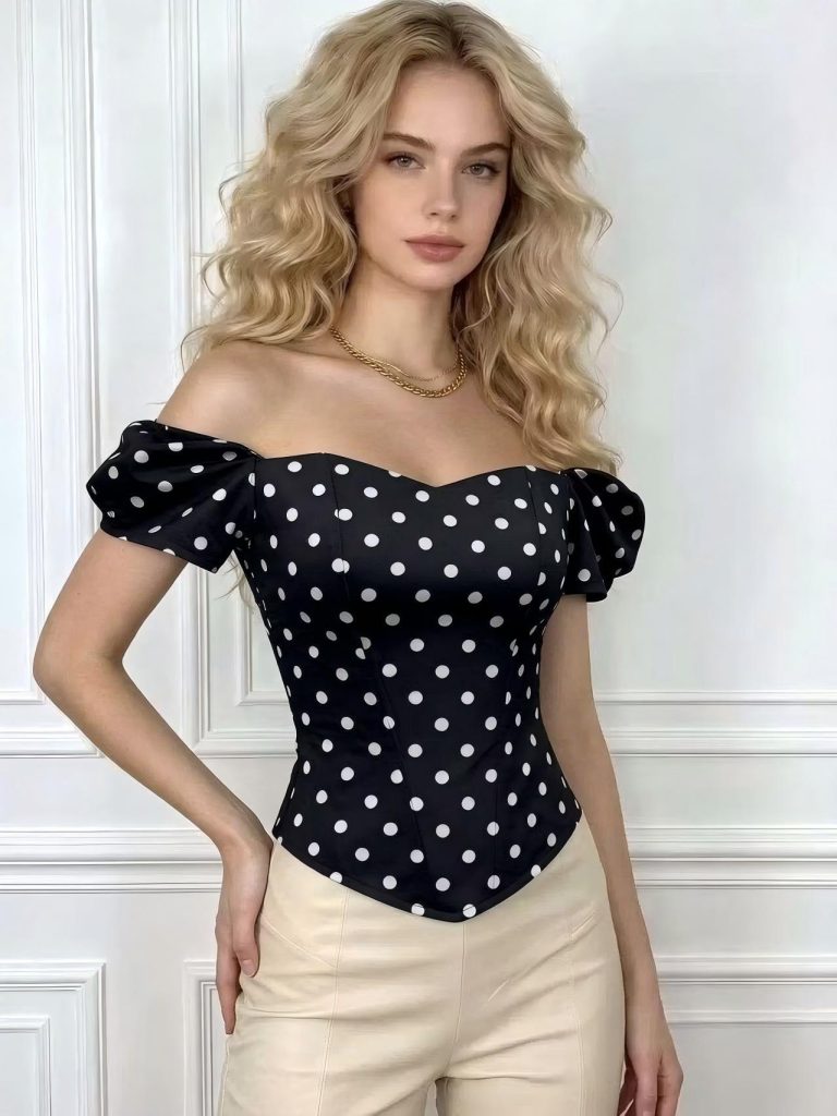 Top bustier femme sans bretelles à pois noir et blanc