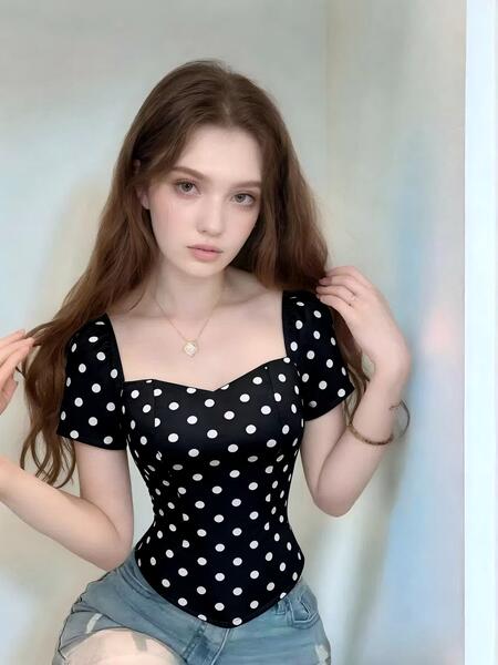 Top bustier femme sans bretelles à pois noir et blanc