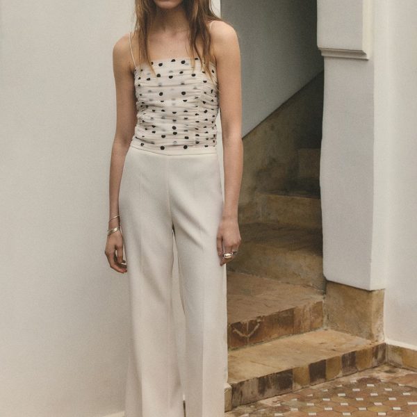 Top femme à bretelles à pois plissé en mousseline court